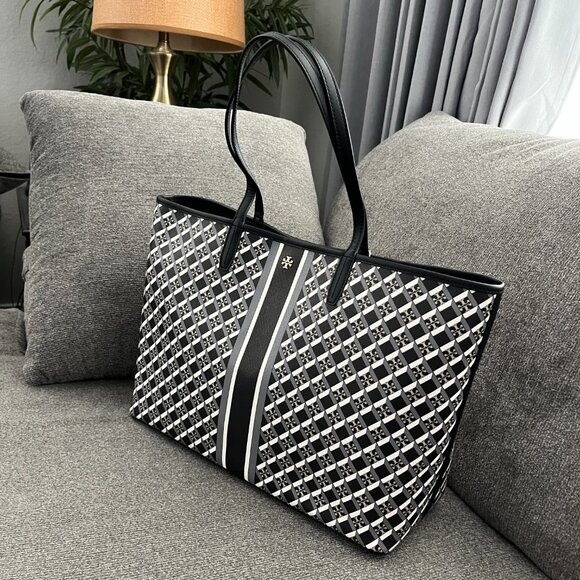 NWT TORY BURCH BLACK GEO LOGO W STRIPE Top Zip Tote Shoulder Bag Style #89762 - Picture 5 of 6